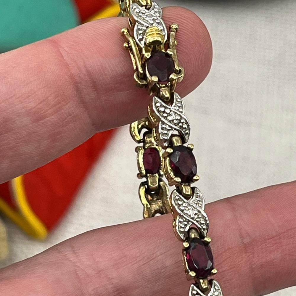 Vintage Sterling Silver 925 Garnet Bracelet 7.5” Estate 15.9g Two-Tone Design - Picture 7 of 17